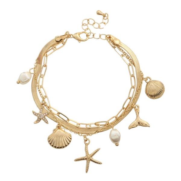 STARFISH PEARL BEAD MULTI CHARM LAYERED BRACELET