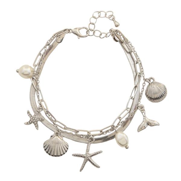 STARFISH PEARL BEAD MULTI CHARM LAYERED BRACELET