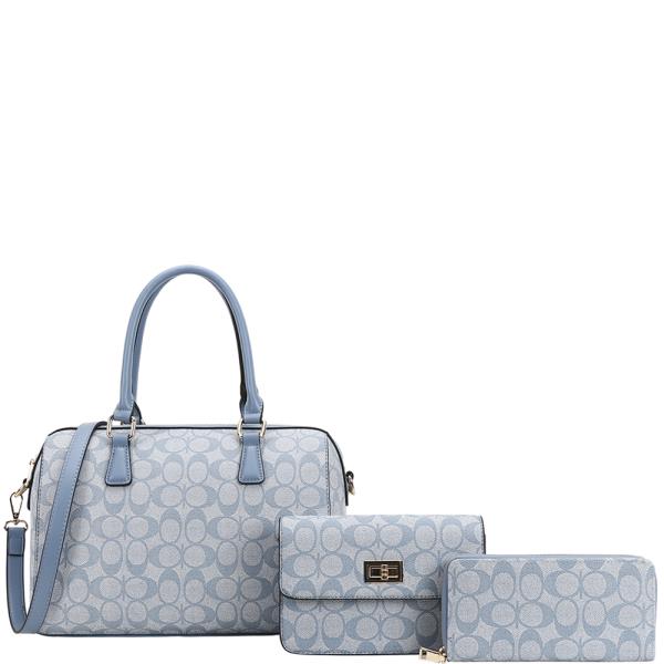 3IN1 OVAL PRINTED HANDLE DUFFLE BOSTON BAG W CROSSBODY AND WALLET SET