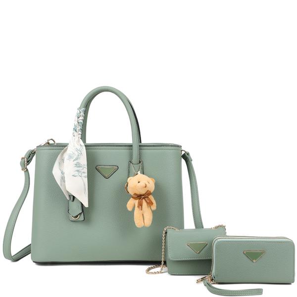 3IN1 TEXTURED SCARF HANDLE SATCHEL W CROSSBODY AND WALLET SET