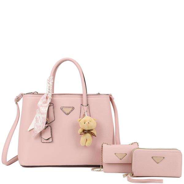 3IN1 TEXTURED SCARF HANDLE SATCHEL W CROSSBODY AND WALLET SET