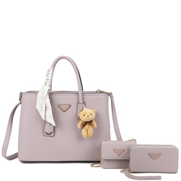3IN1 TEXTURED SCARF HANDLE SATCHEL W CROSSBODY AND WALLET SET