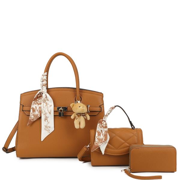 3IN1 TEXTURED HANDLE SCARF SATCHEL W CROSSBODY AND WALLET SET