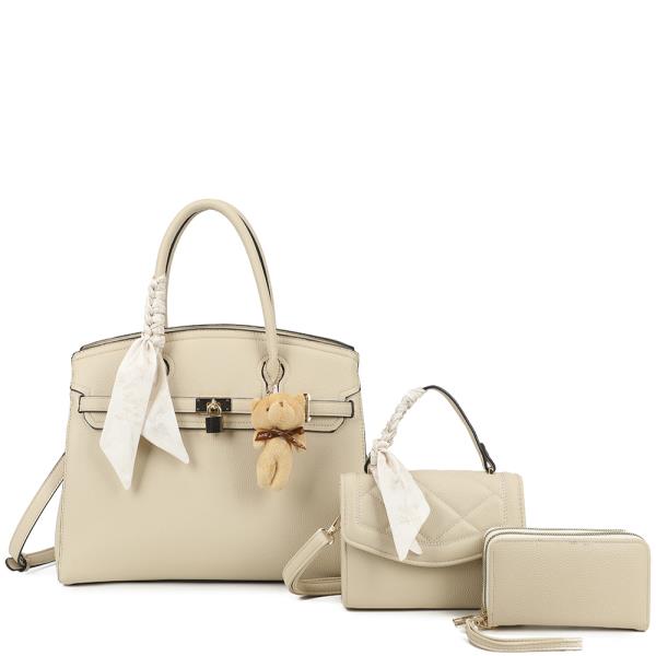3IN1 TEXTURED HANDLE SCARF SATCHEL W CROSSBODY AND WALLET SET