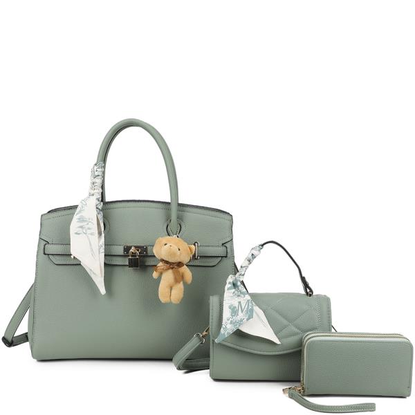 3IN1 TEXTURED HANDLE SCARF SATCHEL W CROSSBODY AND WALLET SET