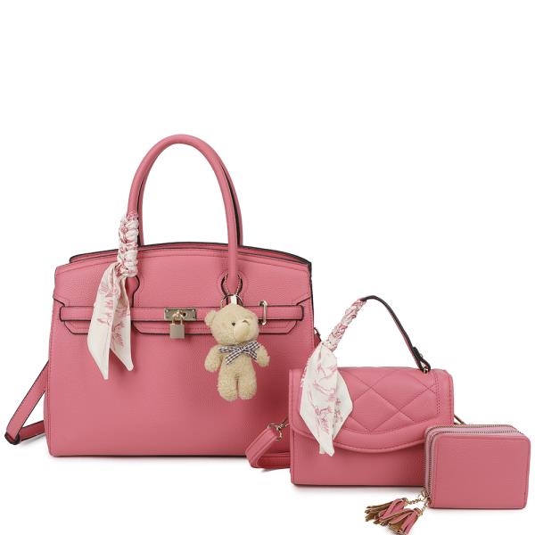 3IN1 TEXTURED HANDLE SCARF SATCHEL W CROSSBODY AND WALLET SET