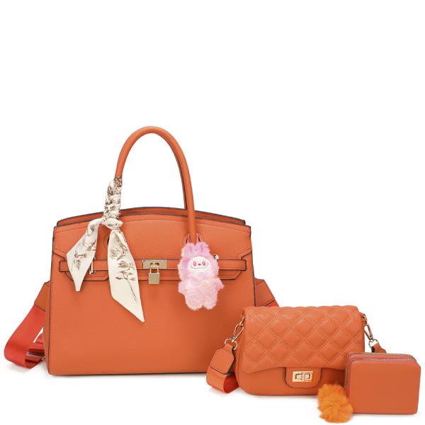 3IN1 TEXTURED HANDLE SCARF SATCHEL W CROSSBODY AND WALLET SET