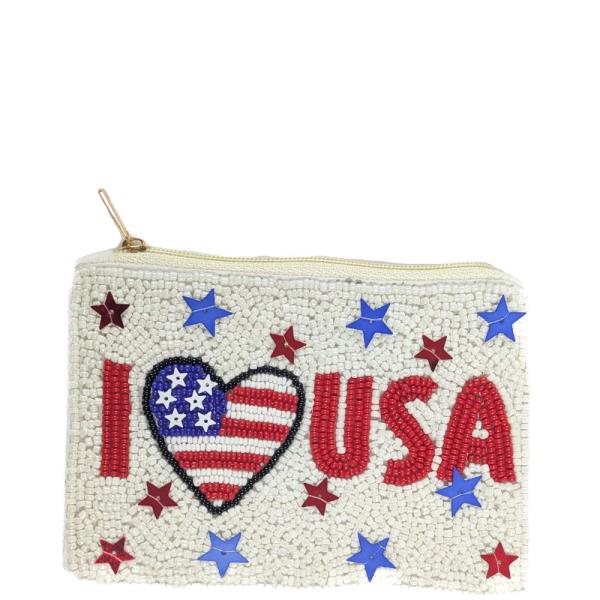 I LOVE USA SEED BEAD COIN PURSE