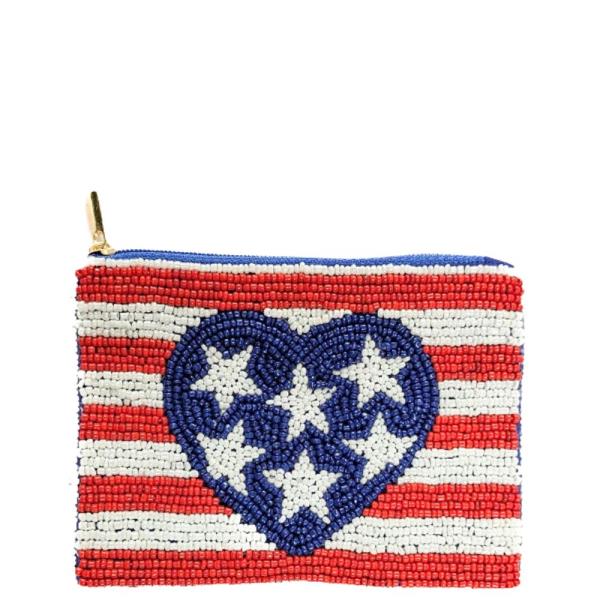 USA FLAG HEART SEED BEAD COIN PURSE