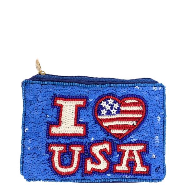 I LOVE USA SEQUIN SEED BEAD COIN PURSE