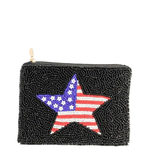 AMERICAN FLAG STAR SEED BEAD COIN PURSE
