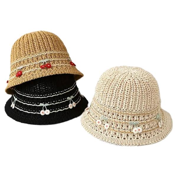 CHERRY STRAW BUCKET SUN HAT