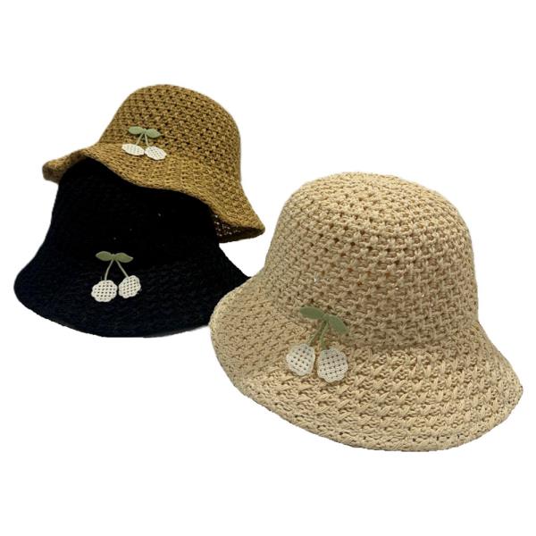 CHERRY STRAW BUCKET SUN HAT