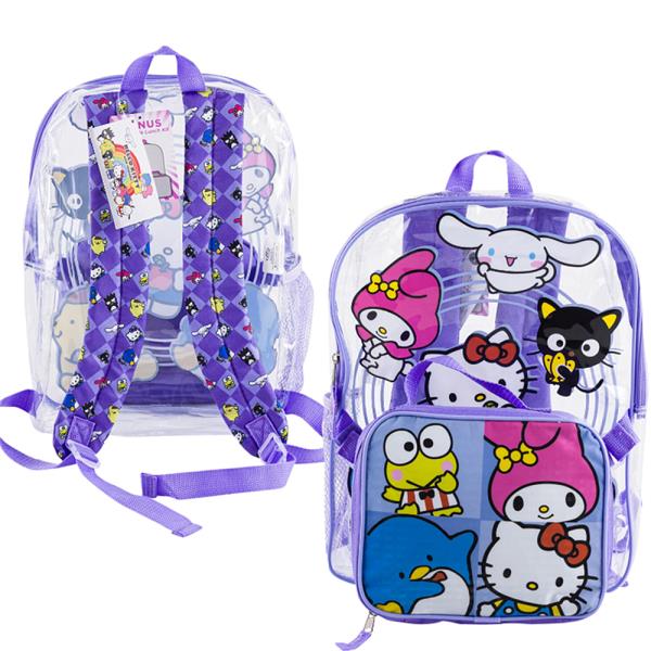 HELLO KITTY AND FRIENDS CLEAR PURPLE BACKPACK WITH DETACHABLE LUNCH BAG