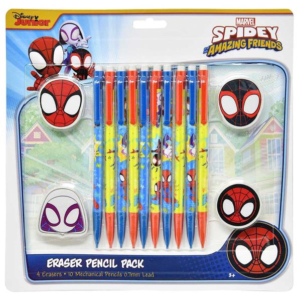 SPIDEY AND FRIENDS 10PC MECHANICAL PENCILS WITH 4 SHAPED ERASERS