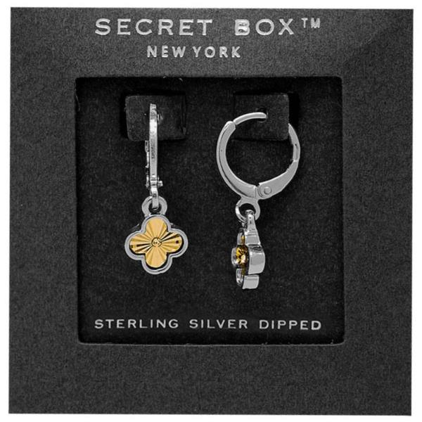 SECRET BOX TWO TONE CLOVER CHARM HUGGIE 14K GOLD DIPPED EARRING