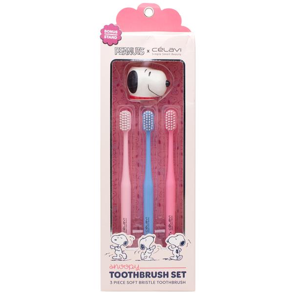 CELAVI X PEANUTS SNOOPY 3PC TOOTHBRUSH SET WITH STAND