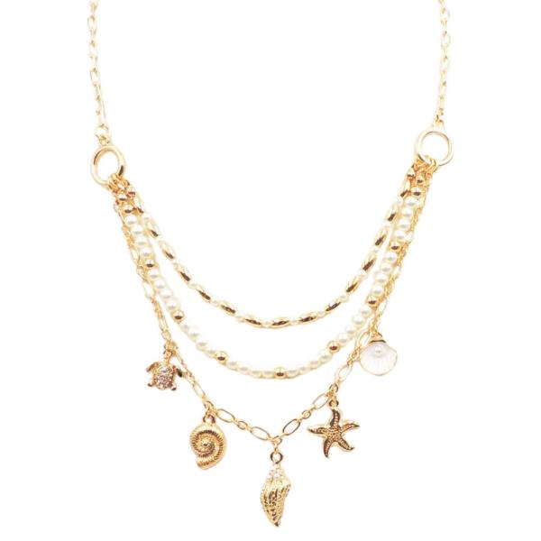 SEA LIFE CHARM PENDANT PEARL BEAD LAYERED NECKLACE