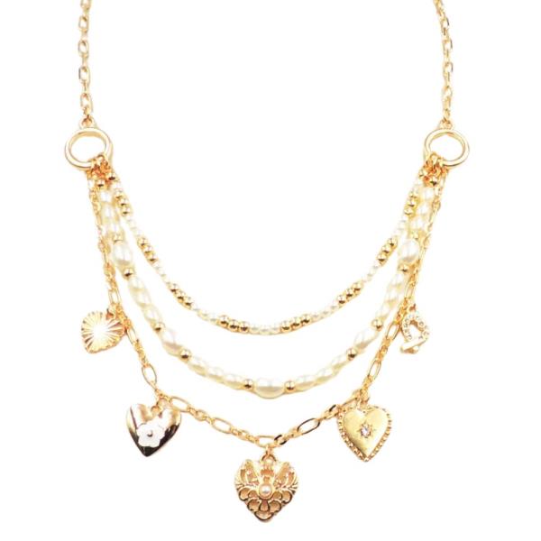 MULTI HEART CHARM PENDANT PEARL BEAD LAYERED NECKLACE