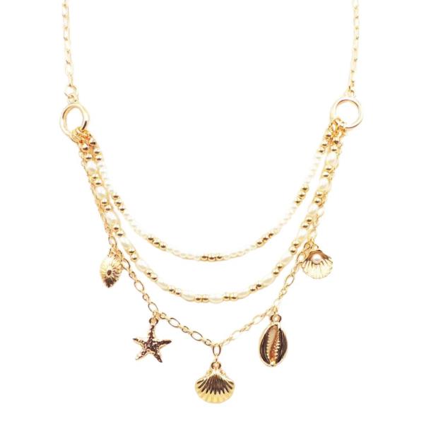 SEA LIFE CHARM PENDANT PEARL BEAD LAYERED NECKLACE