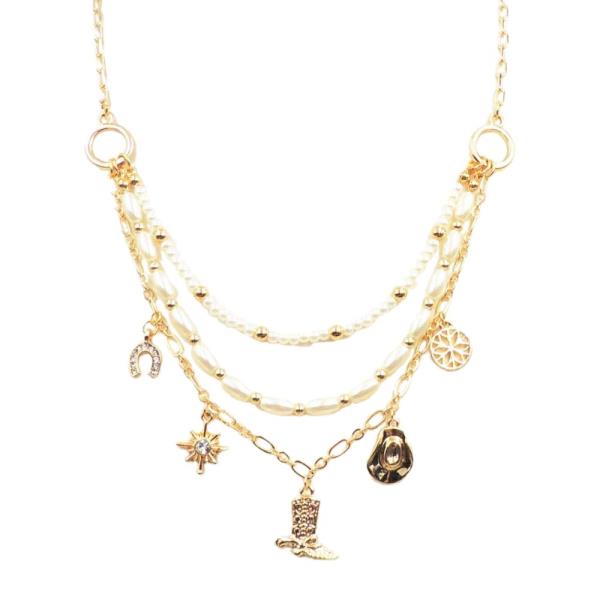 MULTI WESTERN CHARM PEARL BEAD LAYERED NECKLACE