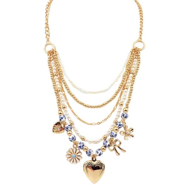 HEART PENDANT CERAMIC BEAD LAYERED NECKLACE