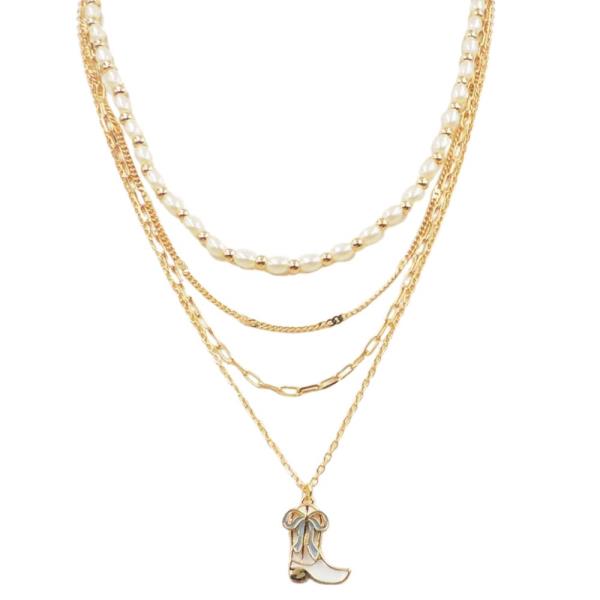 BOW COWGIRL BOOT CHARM PENDANT PEARL BEAD LAYERED NECKLACE