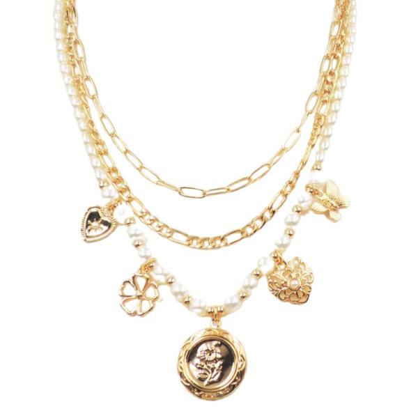 ROSE LOCKET MULTI CHARM PEARL BEAD NECKLACE