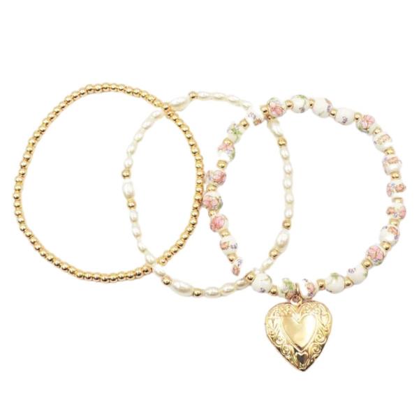 HEART CHARM CERAMIC BEAD BRACELET SET