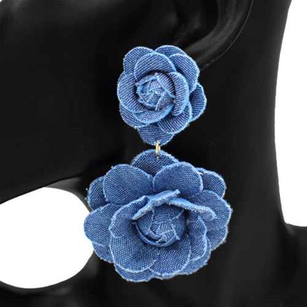 DOUBLE DENIM FLOWER DANGLE EARRING