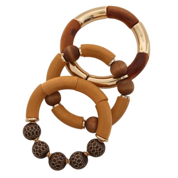 WOOD BEAD METAL BAR BRACELET SET