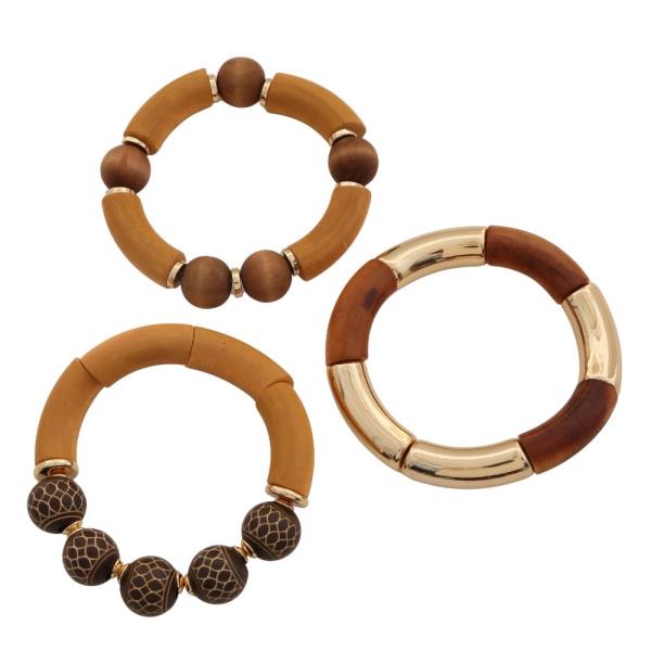 WOOD BEAD METAL BAR BRACELET SET