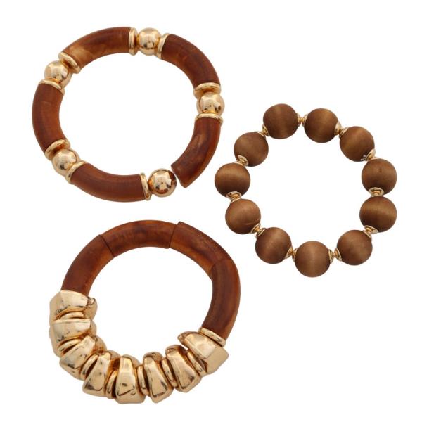 WOOD METAL BEAD BRACELET SET