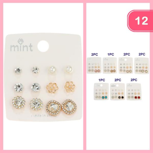 RHINESTONE FLOWER PEARL MIXED EARRING SET (12 UNITS)
