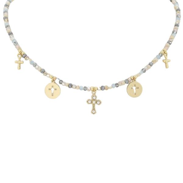 BEADED MULTI CROSS CHARM NECKLACE