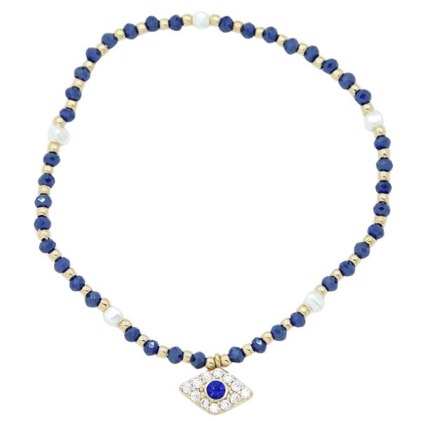 GLASS PEARL BEAD EVIL EYE STRETCH BRACELET