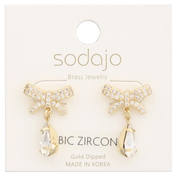 SODAJO RIBBON BOW CZ TEARDROP GOLD DIPPED EARRING