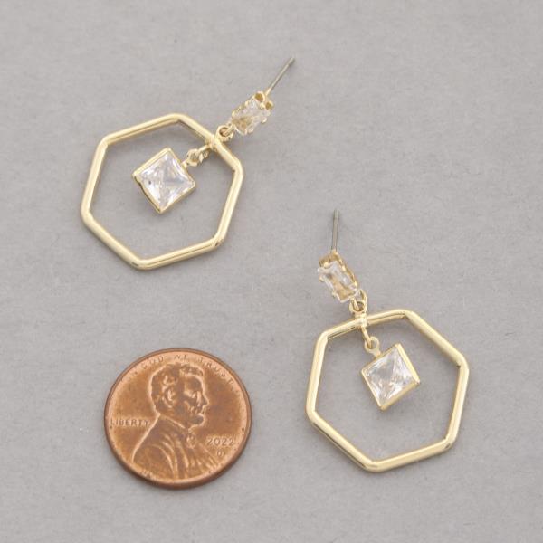 SODAJO GOLD DIPPED CZ HEXAGON DANGLE EARRING