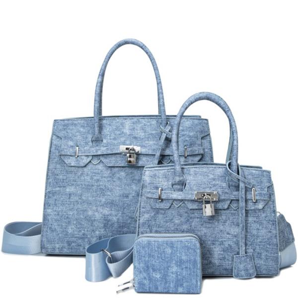 3IN1 DENIM TEXTURED SATCHEL WITH MATCHING BAG AND WALLET SET