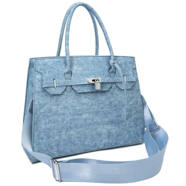 3IN1 DENIM TEXTURED SATCHEL WITH MATCHING BAG AND WALLET SET