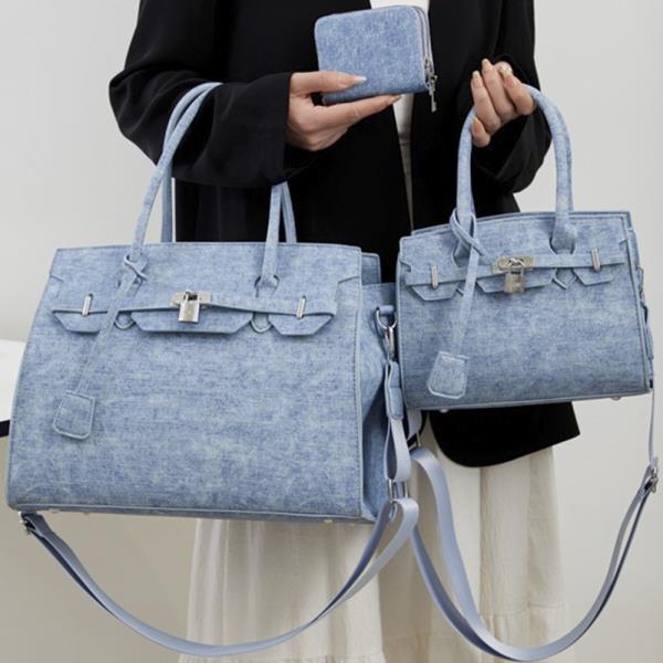 3IN1 DENIM TEXTURED SATCHEL WITH MATCHING BAG AND WALLET SET