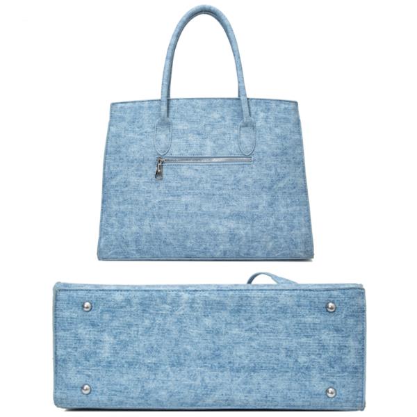 3IN1 DENIM TEXTURED SATCHEL WITH MATCHING BAG AND WALLET SET