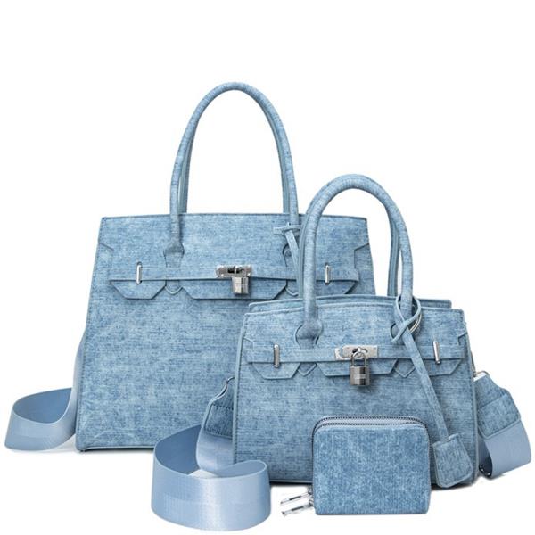 3IN1 DENIM TEXTURED SATCHEL WITH MATCHING BAG AND WALLET SET
