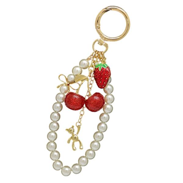 CHERRY STRAWBERRY PEARL BEAD BAG CHARM KEYCHAIN