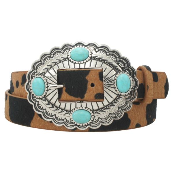 STONE ACCENT OVAL CONCHO BUCKLE COW PRINT BELT