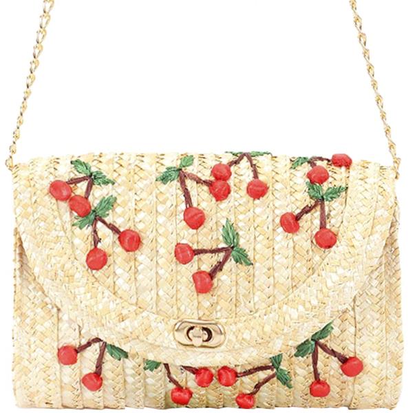 FAUX STRAW HANDMADE CHERRY ENVELOPE CLUTCH BAG
