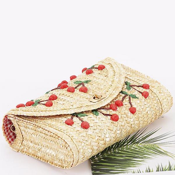 FAUX STRAW HANDMADE CHERRY ENVELOPE CLUTCH BAG