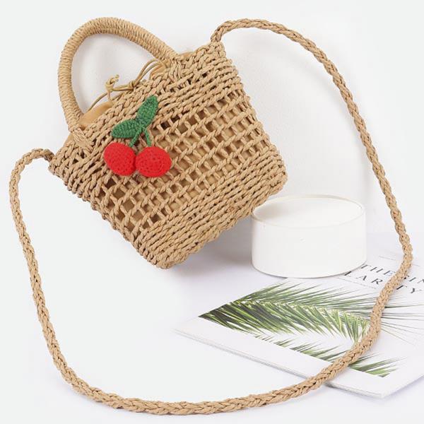 FAUX STRAW HANDMADE CHERRY CROSSBODY BAG