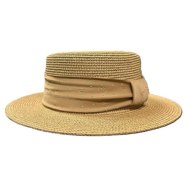 NATURAL STRAW FLAT CROWN HAT WITH EMBOSSED SCARF BAND AND RHINESTONE ACCENTS