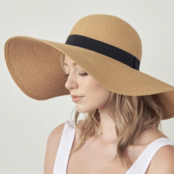 WIDE BRIM FLOPPY STRAW HAT WITH BLACK RIBBON BAND